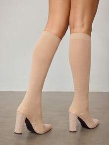 CUCCOO SZL 女士时尚高跟尖头闪亮踝靴圣诞节、约会之夜礼服情人节 - 杏色 - 查看 8