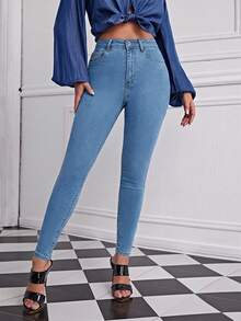 SHEIN Unity 女士休闲通勤水洗修身牛仔裤 - 淺色水洗藍 - 查看 5