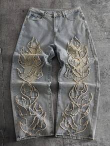 AXEPEAK Men's Washed Wide Leg Pants, Embroidered Fashion Trousers - Blue - View 2