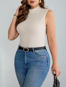 SHEIN Tall CURVE 2件装加大码女式纯色休闲罗纹高领背心，夏季女装，情人节、毕业典礼、母亲节礼物，适合高挑丰满女性，休闲女装，女士正装 - 彩色 - 查看 4