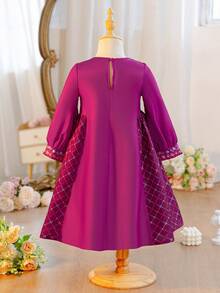 SHEIN Young Girl Loose Casual Retro Ditsy Floral Contrast Color Patchwork Oversized Ruffle Sleeve Dress, Young Girls - Red Violet - View 4