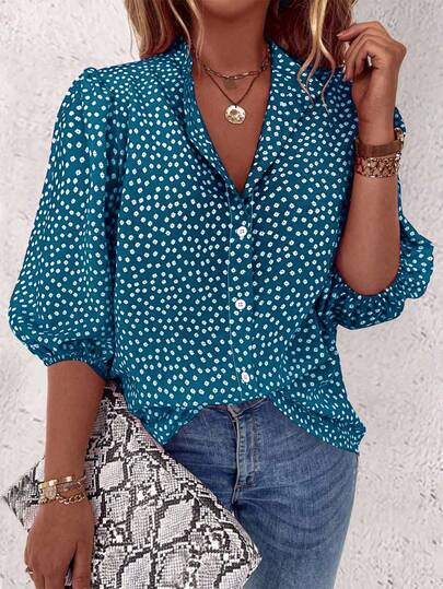 Linhara Plus Size Women's Fashionable Casual Printed 3/4 Sleeve Shirt Women Blouses Summer V Neck Blouses For Women Puff Sleeve Blouse Women Shirts For Summer Polka Dot Shirt
