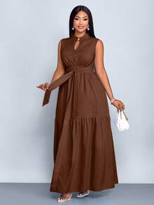 SOLERSUN 加大码蓝色立领前开襟无袖束腰系带连衣裙女式优雅休闲时尚通勤外出连衣裙夏季新款女装 - 咖啡棕 - 查看 5