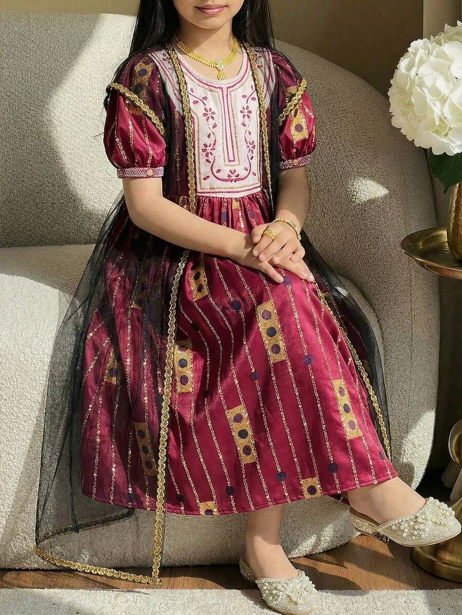 SHEIN 2pcs/Set Tween Girl Burgundy Summer Elegant Wedding Guest Ditsy Floral Woven Dress With Mesh Overlay Jacket, Modest Abaya Kaftan, Tween Girl Jalabiya Maxi - Hot Pink - View 1