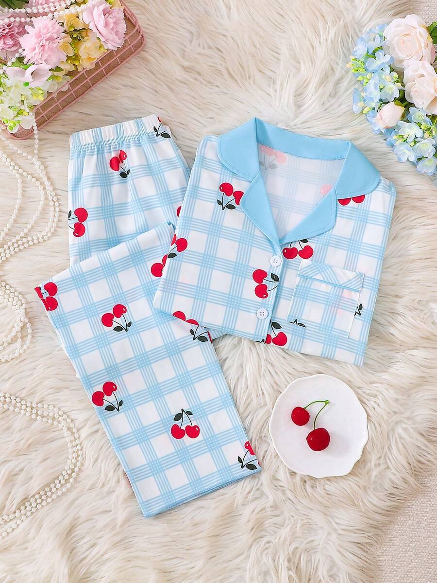 Sparklyn 学院风睡衣套装，浅蓝色格子图案，樱桃印花，翻领开衫，长袖上衣和长裤，甜美少女休闲家居服两件套。