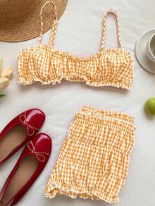 Comfortcana Bộ đồ nữ mùa hè, kiểu dáng thường ngày, họa tiết kẻ caro: áo hai dây và quần short. - Màu vàng - Xem 4