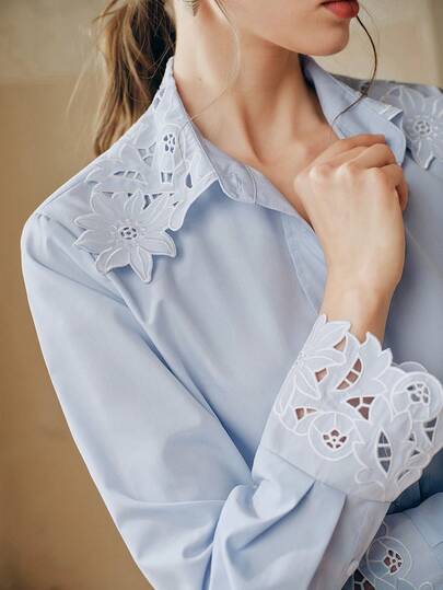  Anewsta Hollow Embroidered Collar Elegant Blouse, Hollow Embroidered Cuffs, Elegant Commuter Style Shirt