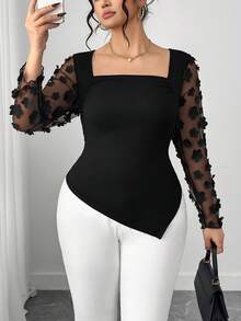 Elenzga Women's Plus Size Elegant Commuter 3D Floral Decor Mesh Splice T-Shirt, Autumn - Black - View 3