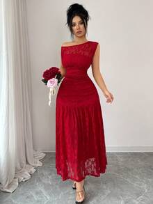 Elenzga 新款女士斜肩蕾丝针织连衣裙，带衬里，年轻优雅，适合情人节、圣诞节、派对等场合，修身百搭长裙 - 紅色 - 查看 4