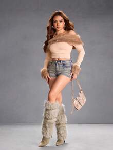 CUCCOO SZL Women's Pointed Toe Faux Fur Patchwork Knee-High Heeled Boots Valentine's Day - Khaki - View 8