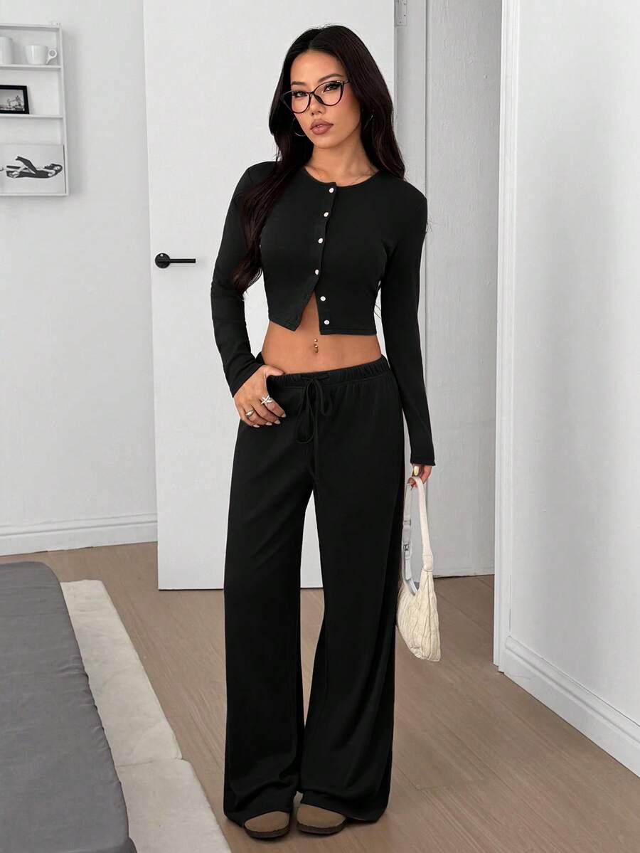 SHEIN EZwear 女款純黑色針織休閒長袖上衣與長褲家居服套裝 2件套女裝休閒套裝 - 黑色 - 查看 1