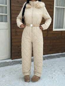 Muchica 白色毛绒帽和加厚连体衣，适合秋冬季雪地玩耍。 - 杏色 - 查看 6