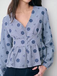 Nöista Long-Sleeve Blouse Features A V-Neckline, Cinched Waist, Peplum Hem Create A Flattering Silhouette. Spring, Summer, Easter. - Royal Blue - View 4