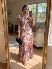 SHEIN Lady CURVE Plus Size Women Paisley Floral Print Round Neck Short Sleeve Maxi Dress,White,Summer,Boho,Wedding Guest Elegant Casual Party Vacation Beach Dress - Multicolor - View 2