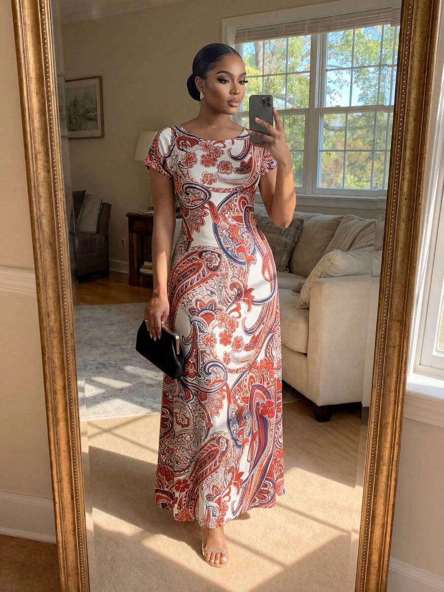 SHEIN Lady CURVE Plus Size Women Paisley Floral Print Round Neck Short Sleeve Maxi Dress,White,Summer,Boho,Wedding Guest Elegant Casual Party Vacation Beach Dress