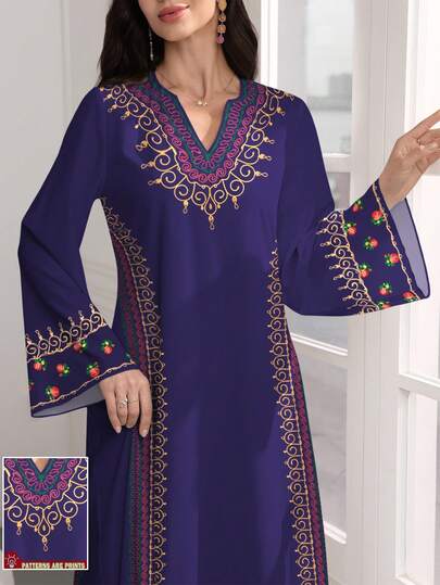 SHEIN Najma Plus Size Women's Retro Pattern, Floral Digital Print Faux Embroidery V-Neck Long Sleeve Elegant Arabic Maxi Dress, Spring/Autumn Kaftan Dresses Arabic Dress For Women Turkish Dress Pakistani Dress For Women Shalwar Kameez For Women