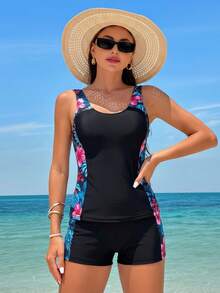 Swim Lushoire 2pcs Women's Vintage Floral Print Patchwork Vacation Mature Style Camisole Bikini Set, Classic Camisole Bikini Two Pieces Suit, Spring/Summer - Black - View 6