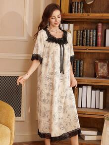 PalaceNights Áo ngủ tay ngắn kiểu cung đình dành cho nữ, họa tiết hoa, viền ren tương phản. - Màu be - Xem 7