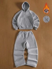 TOKVUE 男士字母刺绣拉链连帽衫和运动裤套装，休闲款 - 灰色 - 查看 3