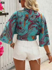 Breezaya 女士波西米亚风印花长袖系带上衣 - 綠色 - 查看 2