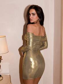 SHEIN Glamour 时尚露肩紧身亮片迷你连衣裙，适合休闲派对 - 金色 - 查看 2