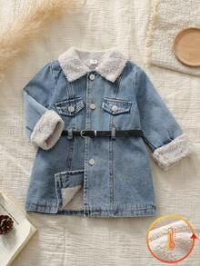 Vintaside Kids Baby Girls' Vintage Denim Style Solid Color Lapel Cardigan,Light Blue And White,Autumn,Casual,Back-To-School,Long Sleeve Open Front Jacket - Blue - View 3