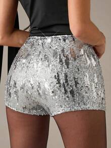 SHEIN BAE Women's Solid Color Sequin Embellished Tight Shorts, Fashionable For Party Occasions - Silver - View 2