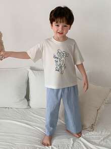 DAZY 男童卡通印花圆领短袖上衣和条纹印花长裤睡衣套装 - 白色 - 查看 7