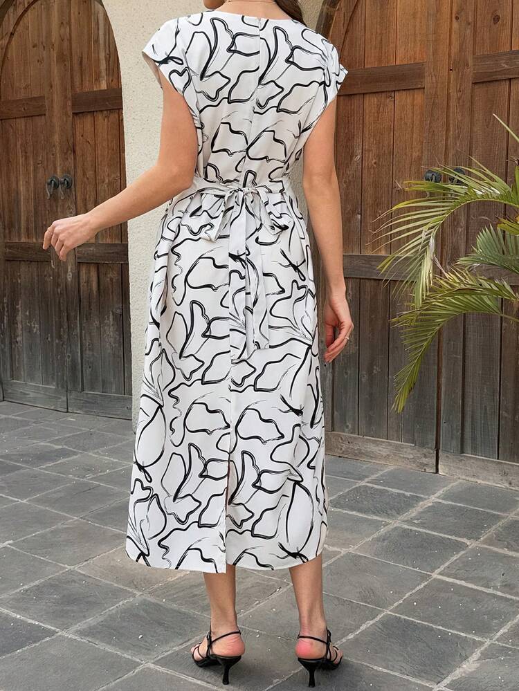 Vivie Lora Women's V-Neck Cinched Waist Tie-Up Geometric Pattern Midi Dress - Apricot - View 3