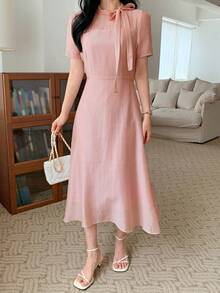 DAZY Women's Bow Tie Waist Fit & Flare Midi Dress - Pink - View 2