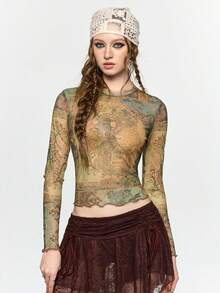 ROMWE Hippie Áo thun nữ phong cách cổ điển Fairycore in họa tiết vintage - Nhiều màu - Xem 7