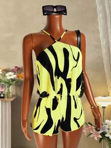 Mistrie Women's Pleated Fabric Printed Halter Jumpsuit For Vacation - Yellow - View 7