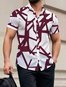 Manfinity Homme Men's Geometric Print Single-Breasted Casual Short Sleeve Shirt - Red and White - View 1