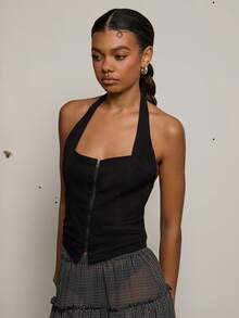 COUREZ Halter Neck Zip Up Denim Top /Y2K Spring Clothes For Women Cute Sexy Black Tops Going Out Party Rave Outfits Summer Tops Summer Outfits - Black - View 2