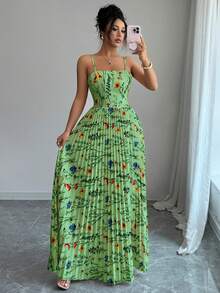 Elenzga Elegant Floral Print Pleated Tie-Front Backless Dress, Summer - Green - View 6