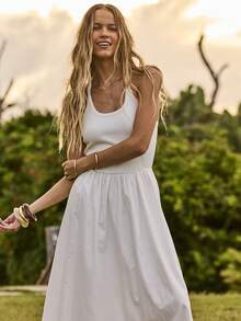 Aralina Women's Scooped Neck Ribbed Halter Neck And Poplin Maxi Dress Summer Dress Beach Dress Casual Long Dresses For Women Everyday Dress - White - View 4