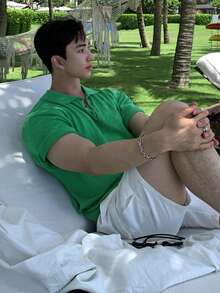 DAZY 男士纯绿色 Polo 领短袖针织衫，夏季 - 綠色 - 查看 3