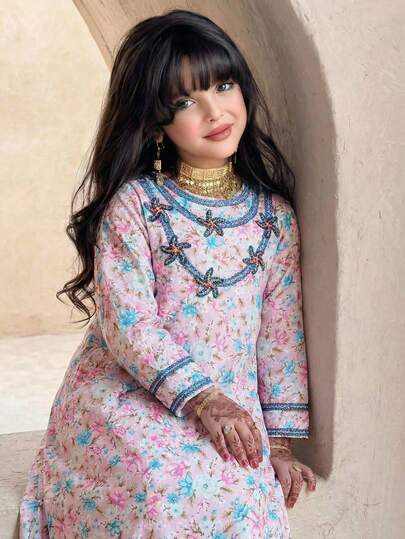 SHEIN جلابياتjalabiya Tween Girl Casual Floral Print Round Neck Long Sleeve Dress