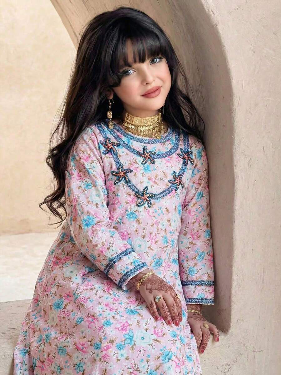 SHEIN جلابياتjalabiya Tween Girl Casual Floral Print Round Neck Long Sleeve Dress - Multicolor - View 1