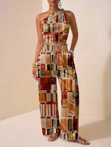 Zivah 春夏新款生日派对返校学生日常街头百搭休闲度假单肩扭结印花上衣搭配直筒宽松裤，荷叶边设计，带真口袋夏季女式两件套印花套装女式两件套夏季嘉年华服装 - 彩色 - 查看 4