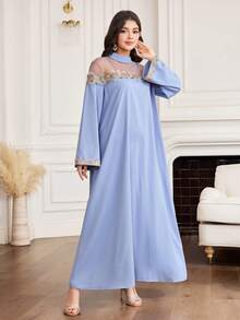 Yasmyna 女士立领喇叭袖复古网纱拼接宽松优雅阿拉伯连衣裙 - 藍色 - 查看 4