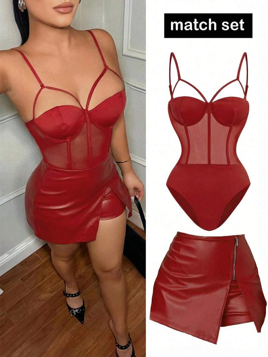 SHEIN SXY 女士性感网纱拼接吊带背心，胸前饰有绑带，春夏款 - 紅色 - 查看 1