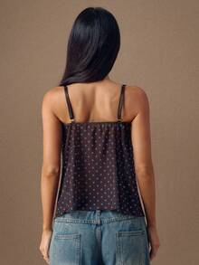 SHEIN BAE Camiseta de tirantes casual de estilo vacacional con lunares y encaje en contraste, adecuada para el uso diario en verano - Marrón Chocolate - Ver 2