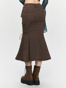 ROMWE Fairycore Chân váy denim màu nâu dáng đuôi cá, cạp siêu trễ, kiểu nàng tiên Mori cổ điển dành cho nữ, có túi hộp. - màu nâu - Xem 9