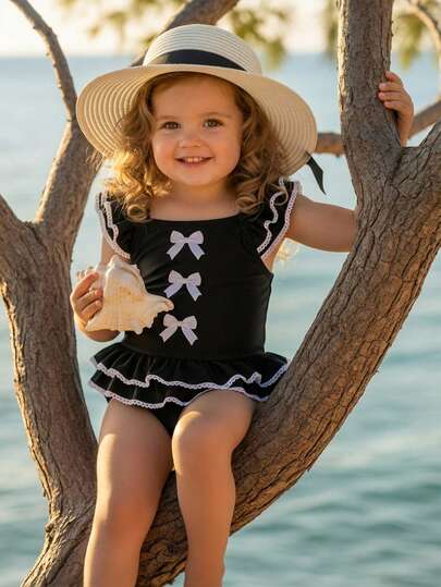 SHEIN Baby Girl Vacation Butterfly Decor Flutter Sleeve One-Piece Swimsuit