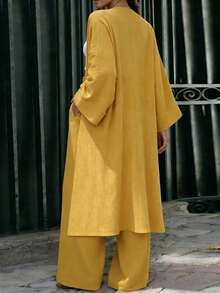 Balvessa 女士休闲日常通勤度假风简约纯色喇叭袖宽松长袍外套和阔腿裤两件套，春秋季 - 黃色 - 查看 2