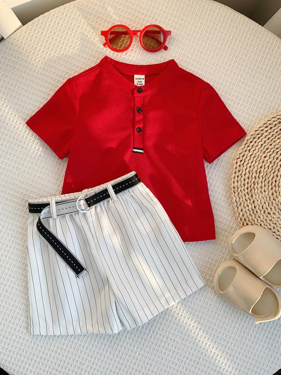 SHEIN Conjunto de 2 piezas de camisa polo de cuello rojo y pantalones cortos a rayas blancas de verano casual para bebé niño, adecuado para fiesta de cumpleaños, rave, fiesta de noche, actuación, boda, baby shower y celebración del 1er cumpleaños - Multicolor - Ver 1