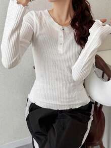 FRIFUL Women's Solid Color Round Neck Half-Zip Textured Fabric Cuff Trim Fitted Spring T-Shirt - White - View 2