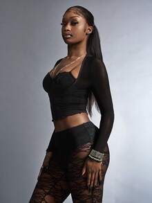 Amplova 2pcs Set Lace Lingerie & Mesh Sheer T-Shirt, Women Top - Black - View 2