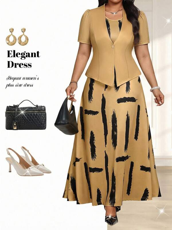 Fleurora Conjunto de 2 piezas: Top de manga corta de unicolor y vestido con estampado total, talla grande